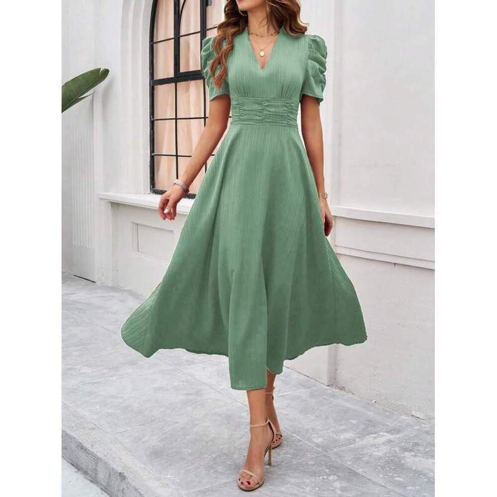 Breezaya Puff Sleeve Waist Cinched Dress Maxi Outfit - Picture 3 of 6